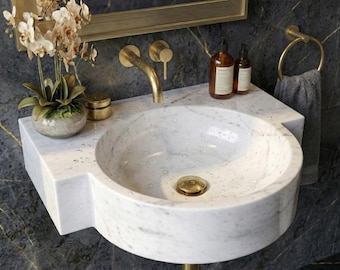 Vasque à Poser en Marbre Blanc de Carrare Sculpté à la Main, Lavabo Rond en Pierre Naturelle pour Salle de Bain