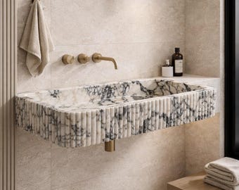 Lavabo in Marmo Calacatta Viola, Lavabo Sospeso Scanalato, Pietra di Lusso Personalizzata
