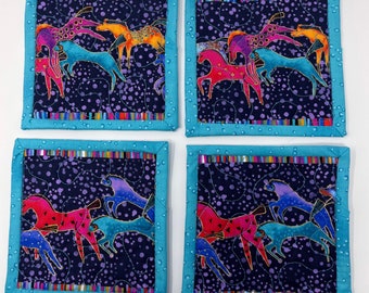 Laurel Burch Fiesta Horses Quilted Coasters Bright Aqua