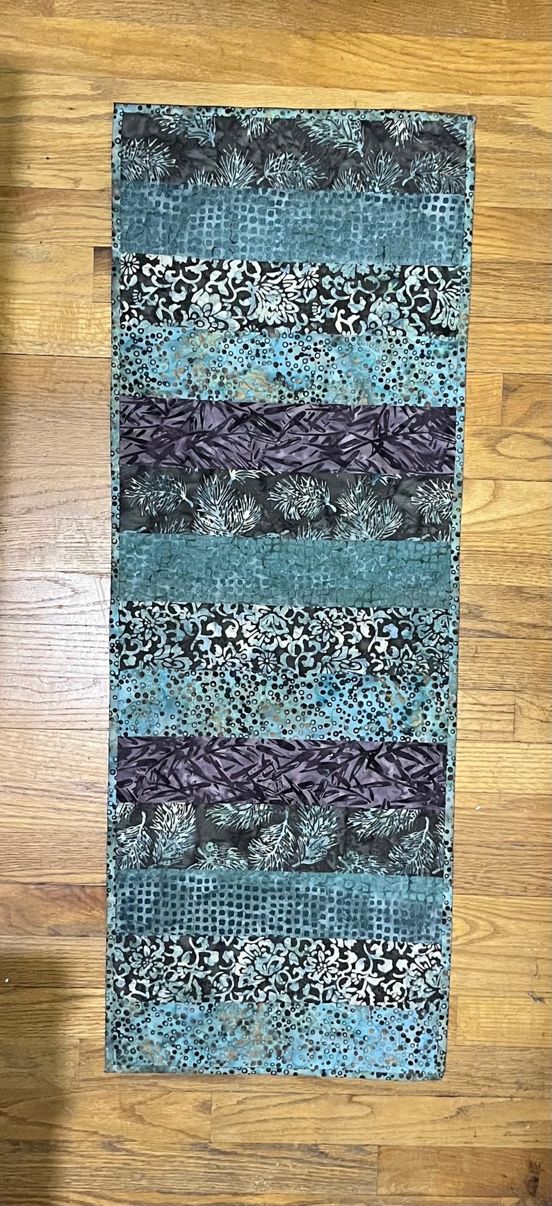 Quilted Table Runner in Green and Gray Printed Batiks image 2