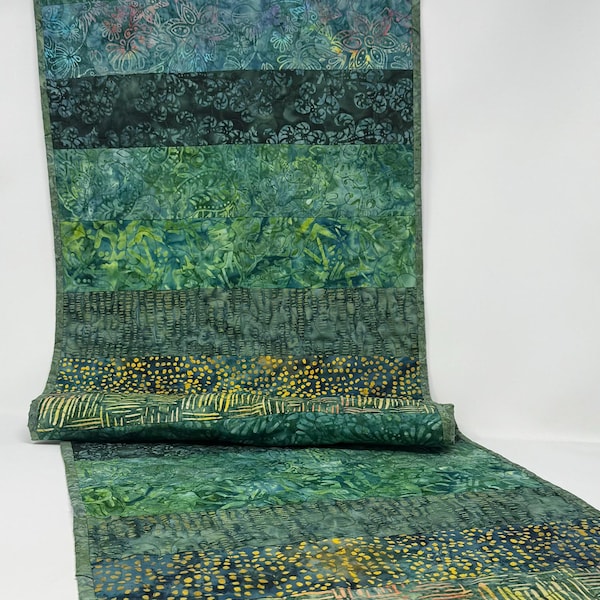 Quilted Table Runner in Green Printed Batiks