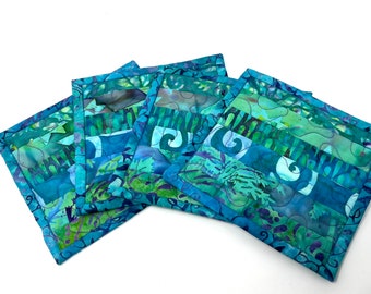 Quilted Coasters in Aqua Batik Set of 4
