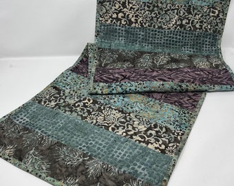 Quilted Table Runner in Green and Gray Printed Batiks