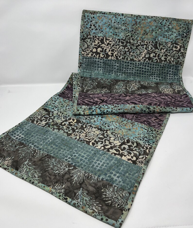 Quilted Table Runner in Green and Gray Printed Batiks image 1