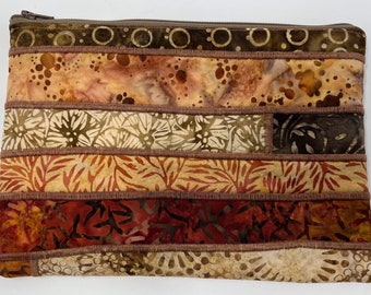 Brown and Tan Batik Padded Zipper Pouch 9 Inch