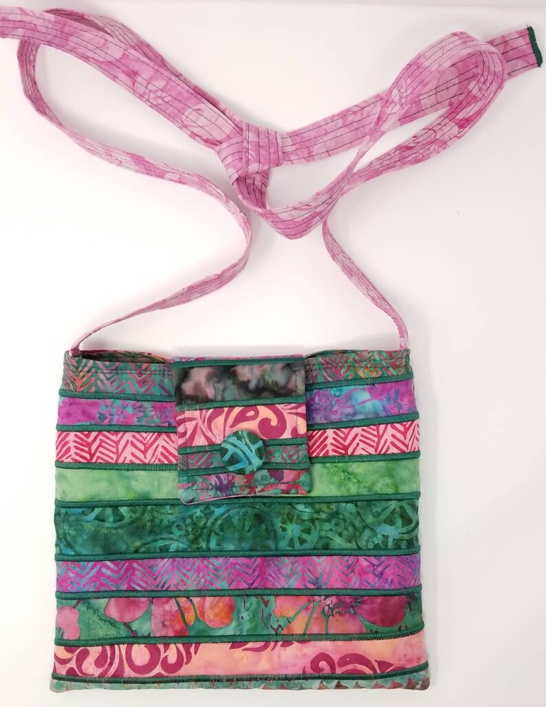 Fuchsia and Green Batik Purse with Adjustable Straps