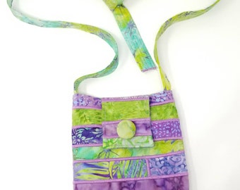 Small Batik Purse in Lavender  and Lime with Adjustable Straps