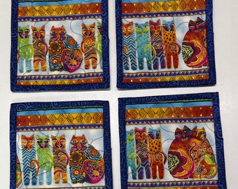 Laurel Burch Feline Frolic Cats Quilted Coasters in Brights