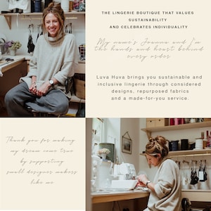 May include: Image featuring a woman in a light-colored sweater and gray pants, smiling. Text reads: "THE LINGERIE BOUTIQUE THAT VALUES SUSTAINABILITY AND CELEBRATES INDIVIDUALITY." Additional text: "Luva Huva brings you sustainable and inclusive lingerie."