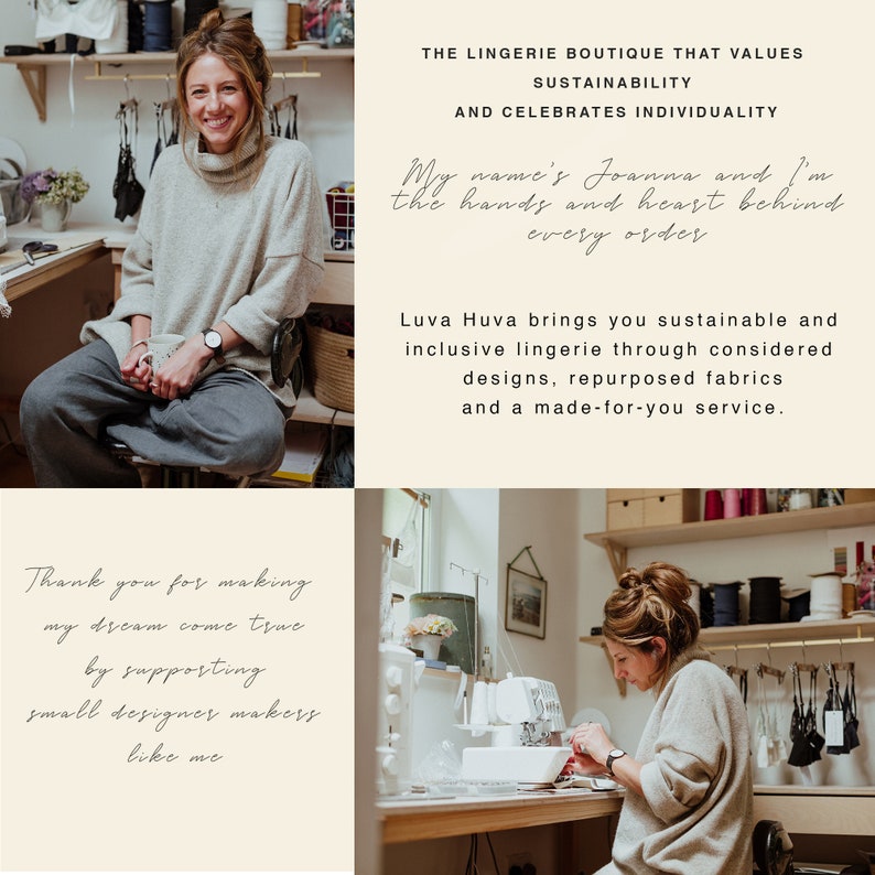May include: Image featuring a woman in a light-colored sweater and gray pants, smiling. Text reads: "THE LINGERIE BOUTIQUE THAT VALUES SUSTAINABILITY AND CELEBRATES INDIVIDUALITY." Additional text: "Luva Huva brings you sustainable and inclusive lingerie."