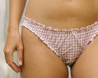 100% Organic cotton ruffle knicker naturally dyed gingham pink ethical lingerie, sustainable lingerie eco panty