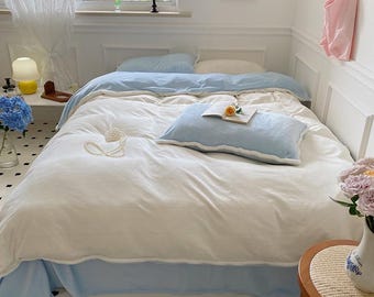 Juego de 4 piezas de ropa de cama de vellón grueso, 4 artículos para cama individual/king, azul y blanco