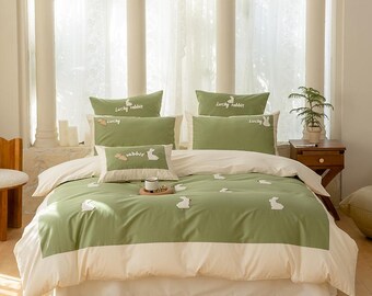 Juego de cama de 4 piezas de lujo con bordado de conejo verde: 100 % algodón (100 %) satén