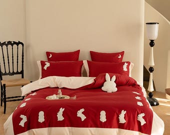 Juego de cama de 4 piezas de lujo con bordado de conejo rojo: satén de algodón 100 % (100 % algodón), suave y acogedor