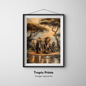 Manada de elefantes / Paisaje africano / Impresiones físicas / Póster / Arte mural / Decoración del hogar / Pintura de vida silvestre / Óleo / Vintage / Impresiones tropicales