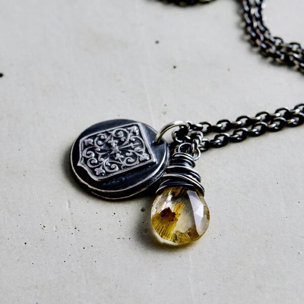 Shield Necklace, Rutilated Quartz, Coin Pendant, Gold Necklace, Symbol of Protection