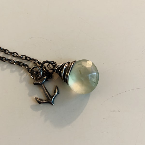 Prehnite Pendant, Prehnite Necklace, Wire Wrapped, Pastel, Mint Green, Sterling Silver, Anchor Charm, pink amethyst necklace