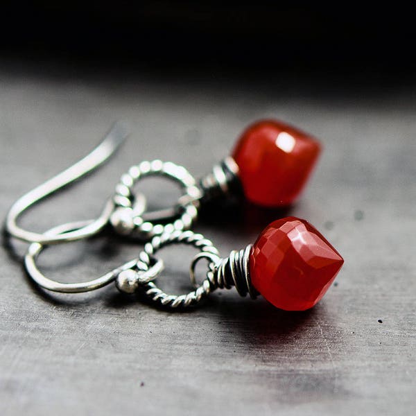 Red Chalcedony Earrings, Red Drop Earrings, Blood Red Goth Dangle Earrings