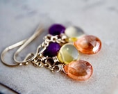 Fiesta Earrings, Gemstone Earrings, Drop Earrings, Dangle Earrings, Cinco de Mayo, Gold Earrings, Apricot Quartz, Opal, Ruby, Gold Jewelry