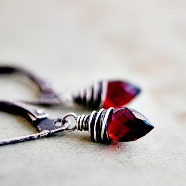 Garnet Earrings Wire Wrapped Sterling Silver Birthstone Crimson