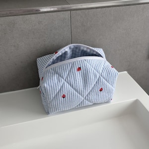 Handmade light blue cosmetic bag with strawberries, striped & checked quilted makeup bag, makeup case, toiletry bag, gift