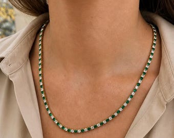 Smaragd Diamant CZ Tennis Choker Halskette • 18K Gold Lünette Set 16 Zoll
