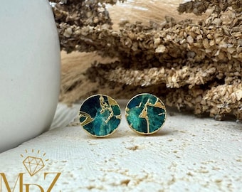 Ocean Blue Mojave Turquoise Stud Earrings: Kintsugi Inspired 18k Gold Plated