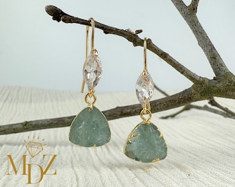 Gold Aquamarine Hoop Earrings: Raw Gemstone March Birthstone