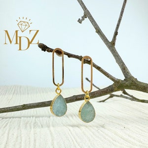 Aquamarine Teardrop Dangle Earrings: Gold Plated Minimalist Jewelry