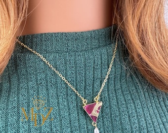 Triangle Mojave Turquoise Necklace: Gold Plated, Freshwater Pearl Dangle