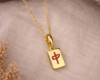 Gold Mahjong Fliesen Halskette, Roter Drache Anhänger, Minimalistischer viel Glück personalisierter Schmuck