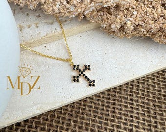 Gold Cross Necklace: Black CZ Pendant, Catholic Jewelry