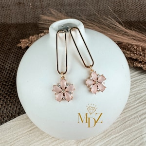 Floral Dangle Earrings: Mint Green Cubic Zirconia, Gold Plated