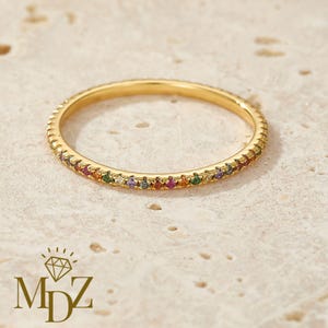 Ultra Thin Gold Rainbow Stacking Ring : Sterling Silver Multicolor CZ Dainty Band