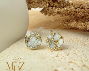 Kintsugi White Mojave Turquoise Stud Earrings: 18k Gold Plated