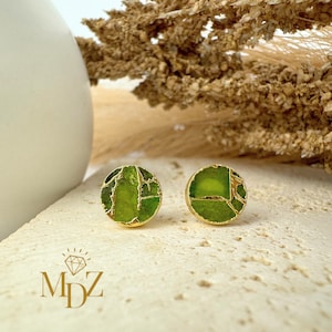 Peridot Green Mojave Turquoise Stud Earrings: Kintsugi style Gold Circle, August Birthstone