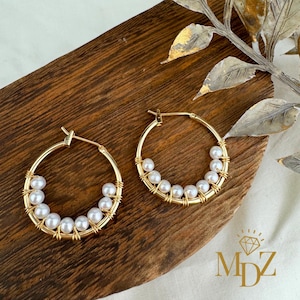 Gold Pearl Hoop Earrings: Bridal Freshwater Pearl Jewelry