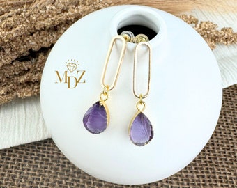 Rohe Amethyst Teardrop Ohrringe: Gold baumeln, Februar Geburtsstein