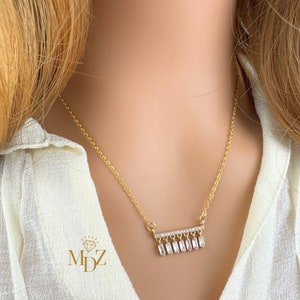 Gold Baguette Bar Necklace: Dainty Cubic Zirconia Pendant