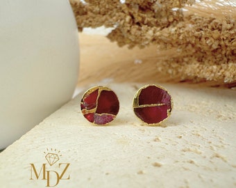 Ruby Red Mojave Turquoise Stud Earrings: Kintsugi Gold, July Birthstone