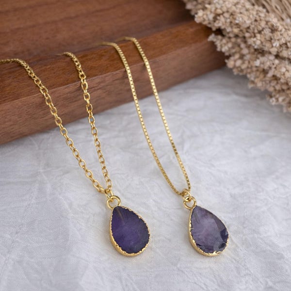 Dainty Gold Raw Amethyst Necklace • Pear Shape Natural Stone  Pendant • Teardrop February Birthstone Jewelry