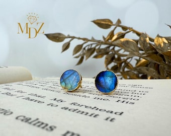 Natural Rainbow Labradorite Stud Earrings, Gold Blue Labradorite Gemstone Studs, Raw Crystal Gift for Her, Perfect Mother&#39;s Day Gift.