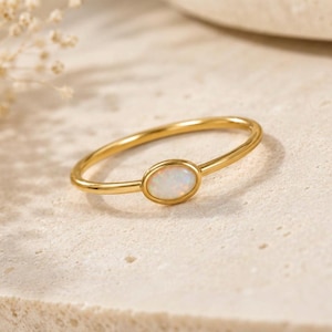 Minimalist Opal Ring : Oval shaped Sterling Silver Stacking Ring, October Birthstone Gift for Her
