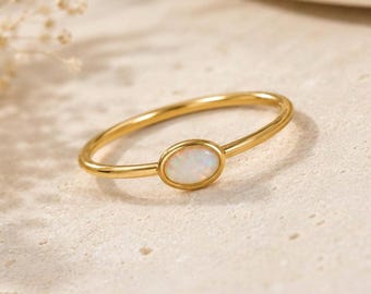 Minimalist Opal Ring : Oval shaped Sterling Silver Stacking Ring, October Birthstone Gift for Her