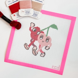 Retro Cherry Buddies Needlepoint Canvas Hand Painted, Cherry 18 Mesh 5&quot; Design Needlepoint Canvas, Modern Needlepoint Canvas