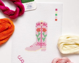 Hand-Painted Pink Cowgirl Boot Needlepoint Canvas: Southern Charm (3 inch, 13 Mesh)