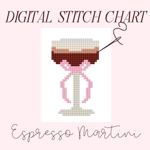 Espresso martini coquette strik borduren pdf-steekkaart, kruissteek martini-boog kruissteekkaart, DIY verf borduren canvas pdf