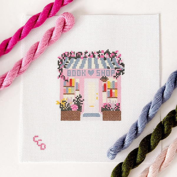Ready to Ship Hand Painted Book Shop Storefront 6” Needlepoint Canvas 13 Mesh Reading Needlepoint Canvas Storefront Hand Painted