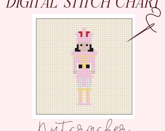 Può includere: Uno schema digitale per ricamo a punto croce con un pupazzo schiaccianoci rosa e giallo. Lo schema è visualizzato su uno sfondo beige con il testo "DIGITAL STITCH CHART" e "Nutcracker" sotto l'immagine.
