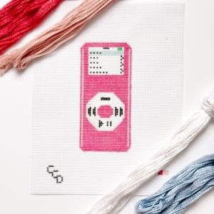 Y2K MP3 Player Pink Nostalgic Needlepoint Canvas 13 Mesh 5&quot;x2.5&quot; Design, Y2K Needlepoint, Aesthetic Needlepoint Canvas Hand Painted